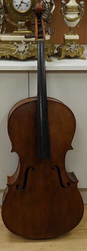 An early 19th century English cello for restoration, body length 74.5cm, together with an ebonised wood W.E. Hill & Sons case. Condition - poor to fair.